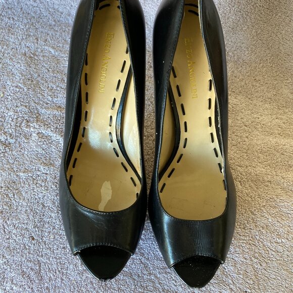 Enzo Angiolini Black Leather Peep Toe Heels Size 8M Classic Pumps - Picture 2 of 8
